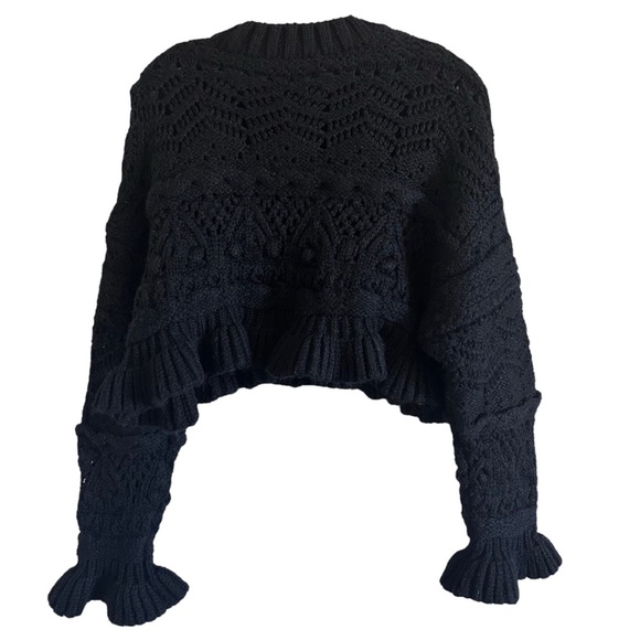 ZARA Cropped Sweater Black Knit Chunky Ruffle Long Sleeve size Small EUC - Picture 9 of 11